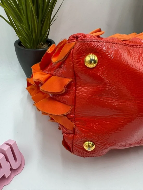 Prada Rare Arancio Orange Tessuto Ruffle Tote Bag BN1728 Vernice Patent Leather - Picture 13 of 14